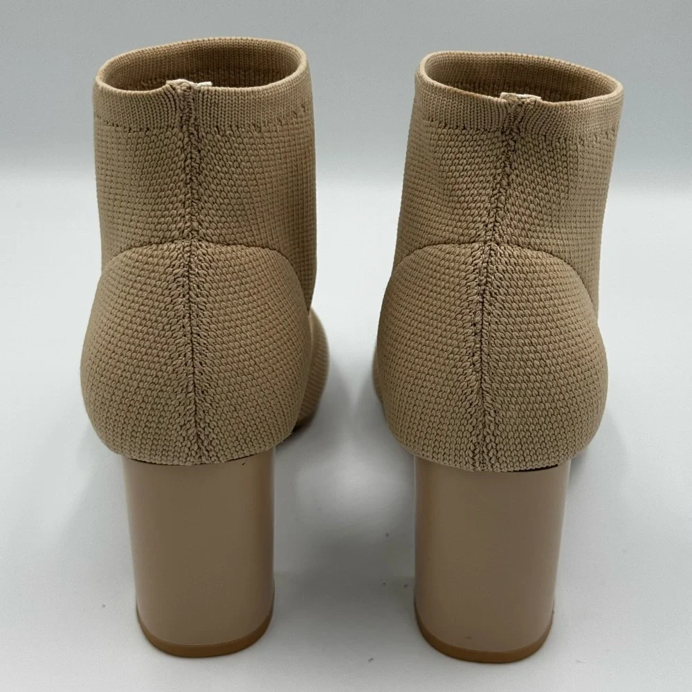 Neutral Sock-Heel Sandals Ankle Strap Block Heels Cream Tan Size 6